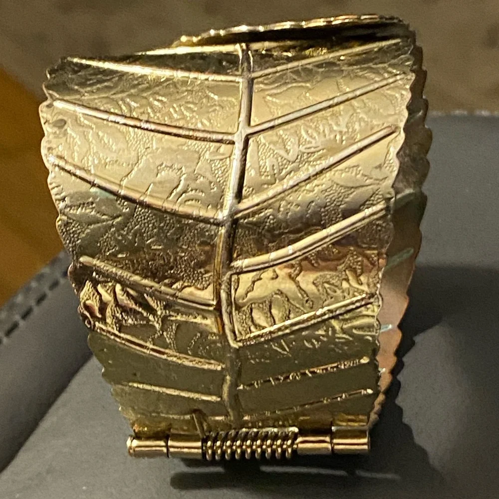 Gold Tone Textured Wide Leaf Design Hinge Overlapping Cuff Bracelet Bohemian